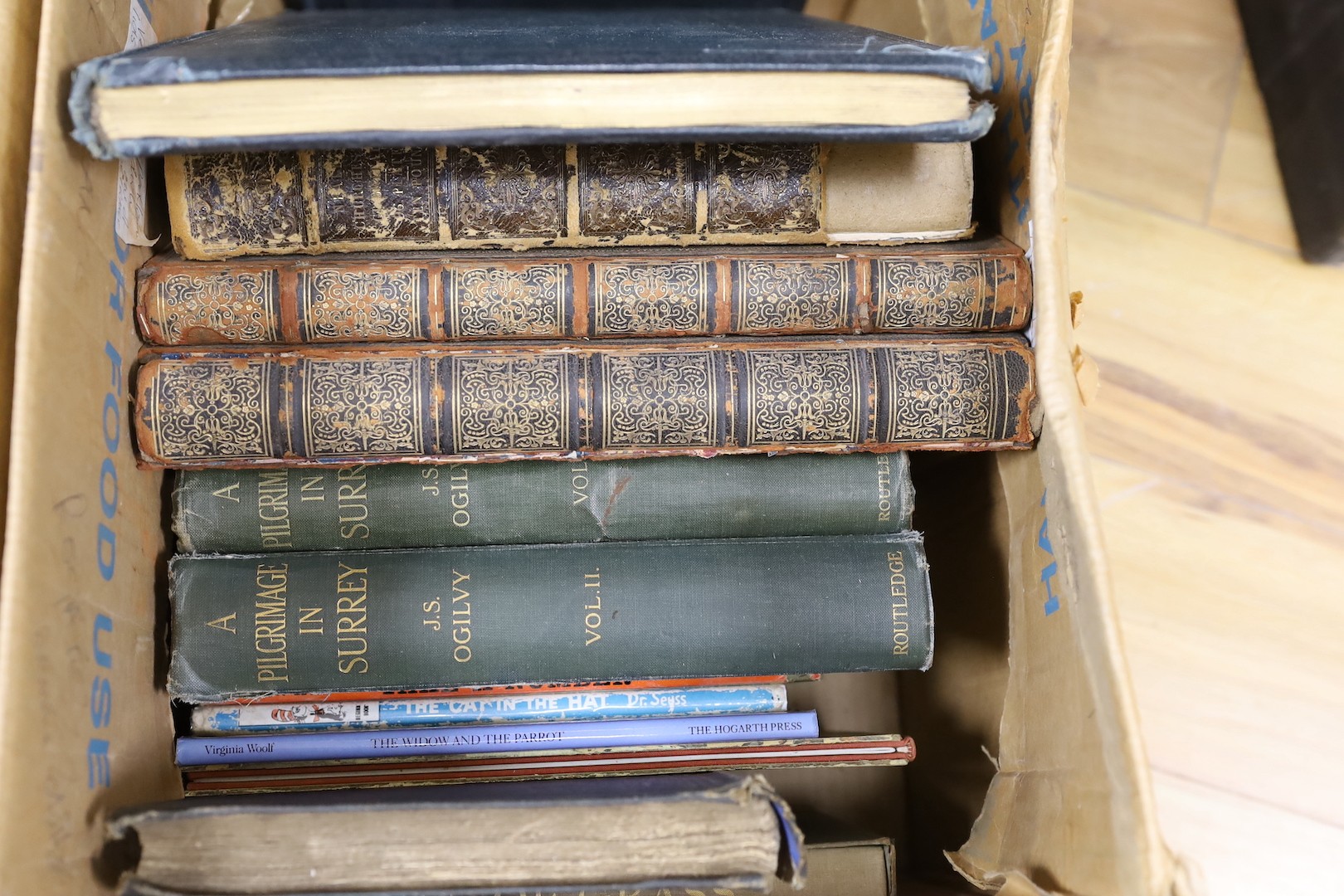 A collection of 19th century and later books, including:, A Pilgrimage in Surrey, The Cornhill Magazine, The History Civil and Ecclestiastical, and Survey of the Antiquities of Winchester etc., (two boxes)